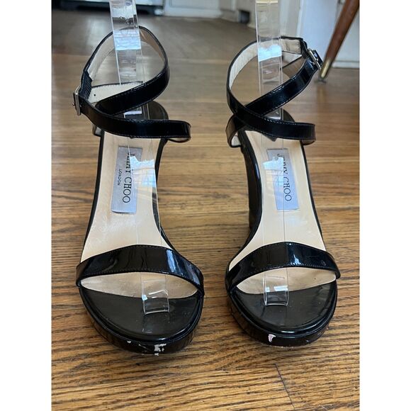 JIMMY CHOO Black Leather Wedge Strap Heels Shoes  Women's Size 8? - Picture 2 of 11